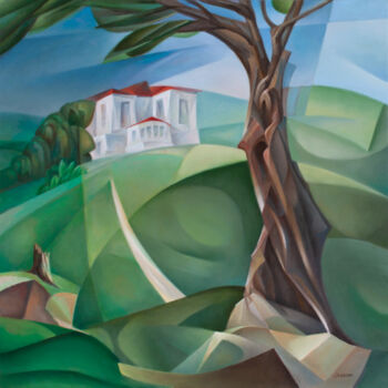 Painting titled "House on the hill" by Isaac Feldman, Original Artwork, Oil Mounted on Wood Stretcher frame