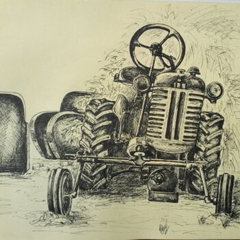 Drawing titled "Le tracteur de Linas" by Isabelle Blanc, Original Artwork, Pencil Mounted on Cardboard