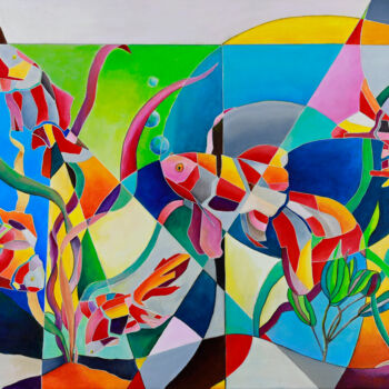 Malerei mit dem Titel "les poissons rouges" von Isabelle Guillet Bouloc (ZiB), Original-Kunstwerk, Acryl Auf Keilrahmen aus…