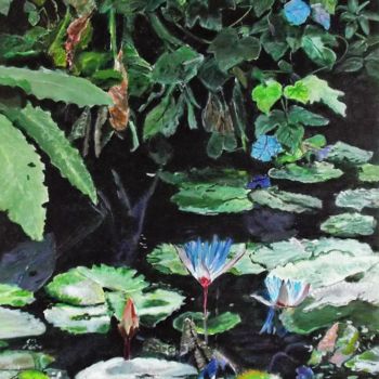 Painting titled "Le nénuphar bleu" by Isabelle Lucas, Original Artwork, Oil