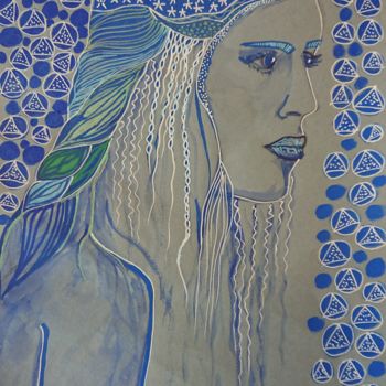 Peinture intitulée "Portrait bleu aux p…" par Isabelle Pain, Œuvre d'art originale, Marqueur