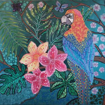 Peinture intitulée "la jungle au perroq…" par Isabelle Pain, Œuvre d'art originale, Acrylique Monté sur Châssis en bois