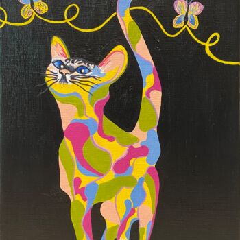 Peinture intitulée "Chat aux papillons" par Isabelle Tysiac, Œuvre d'art originale, Acrylique Monté sur Châssis en bois