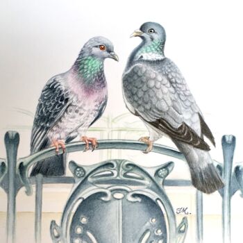 Painting titled "2 pigeons métro" by Isabelle Molinard, Original Artwork, Watercolor