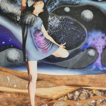 Painting titled "Viser la lune ?" by Isabelle Riffard, Original Artwork, Collages Mounted on Wood Stretcher frame