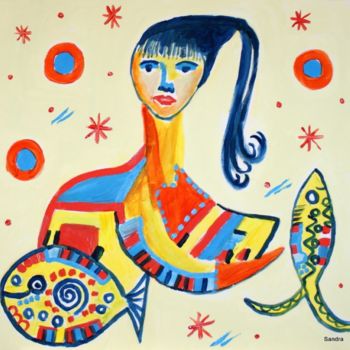 Pittura intitolato "Women with fish" da Sandra Guedes, Opera d'arte originale, Olio