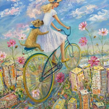 Painting titled "Bicycle rider" by Iuliia Abramoshvili, Original Artwork, Oil Mounted on Wood Stretcher frame