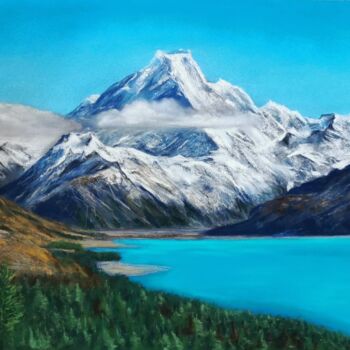 Pintura titulada "Mountains and lake" por Iuliia Aubony, Obra de arte original, Pastel