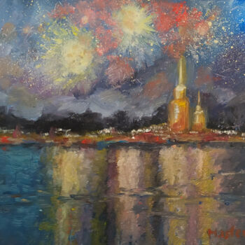 Schilderij getiteld "Fireworks on the Ne…" door Svetlana Ivanova, Origineel Kunstwerk, Olie