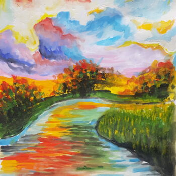 「River in the mounta…」というタイトルの絵画 Ivelina Hrytsyloによって, オリジナルのアートワーク, グワッシュ水彩画