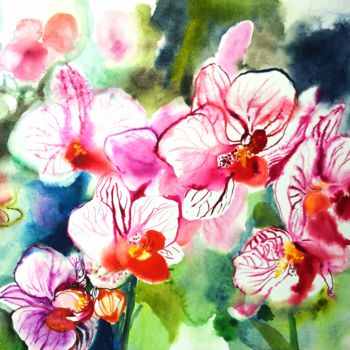 Painting titled "Big Orchids" by Im, Original Artwork, Watercolor