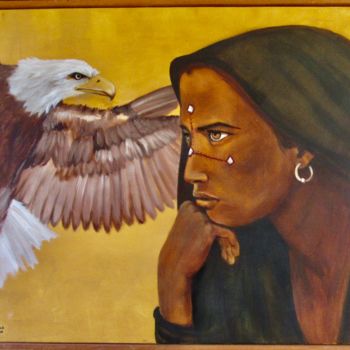 Painting titled "Eagle woman" by Jaap Hoogendijk, Original Artwork, Oil Mounted on Wood Stretcher frame