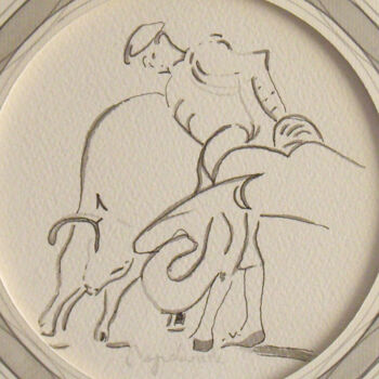 「Corrida, encre」というタイトルの描画 Jacques Peyrelevadeによって, オリジナルのアートワーク, インク 段ボールにマウント