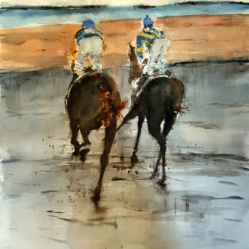 Painting titled "Carreras en Sanlucar" by Jacques Villares, Original Artwork, Watercolor