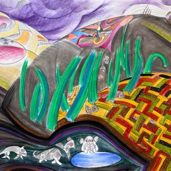 Tekening getiteld "Water hole in a lan…" door Jacques Durand, Origineel Kunstwerk, Pastel