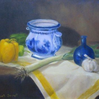 「Flow Blue Still Life」というタイトルの絵画 Elizabeth Sennettによって, オリジナルのアートワーク, オイル