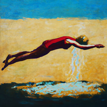 Painting titled "Daring Dive" by Jan Keteleer, Original Artwork, Digital Painting Mounted on Wood Stretcher frame