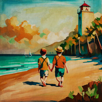 Painting titled "Two Boys Walking on…" by Jan Keteleer, Original Artwork, Digital Painting Mounted on Wood Panel