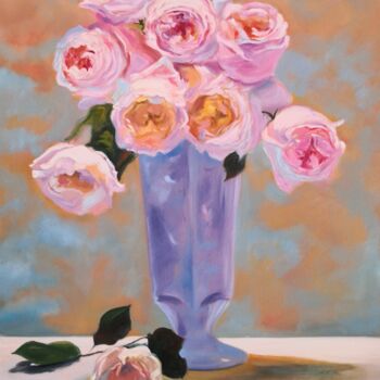 Painting titled "Delicate pink roses…" by Jane Lantsman, Original Artwork, Oil