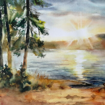 Schilderij getiteld ""Pines at sunset" o…" door Jane Skuratova, Origineel Kunstwerk, Aquarel