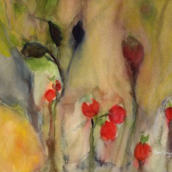 Painting titled "Rose Hips in Gold" by Janel Bragg, Original Artwork, Watercolor