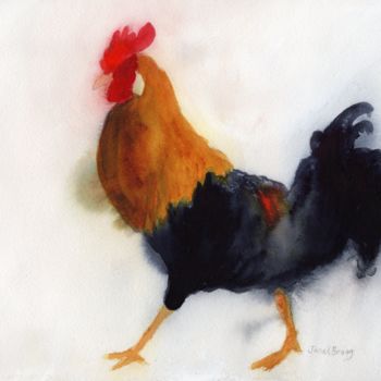 Painting titled "Rooster on Kauai at…" by Janel Bragg, Original Artwork, Watercolor