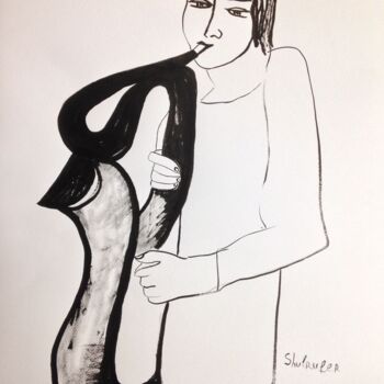 Drawing titled "boy and music" by Janna Shulrufer, Original Artwork, Ink