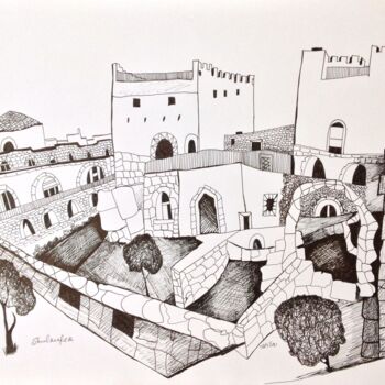 Dibujo titulada "view at old city of…" por Janna Shulrufer, Obra de arte original, Tinta