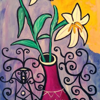 Malerei mit dem Titel "lilias in vase" von Janna Shulrufer, Original-Kunstwerk, Öl