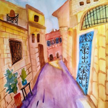 Malerei mit dem Titel "Old street in Zefat" von Janna Shulrufer, Original-Kunstwerk, Aquarell