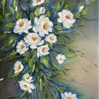 Painting titled "White roses" by Jacqueline Wilkinson, Original Artwork, Oil