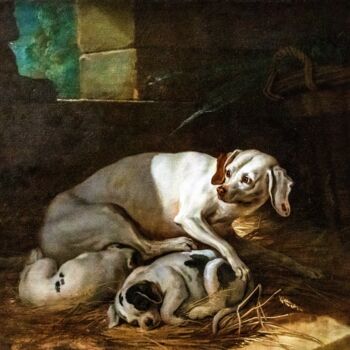 Painting titled "Chienne allaitant s…" by Jean-Baptiste Oudry, Original Artwork, Oil