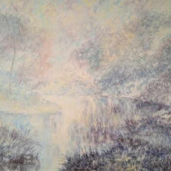 Painting titled "Brume sur la rivière" by Jean-Claude Bemben, Original Artwork, Oil Mounted on Wood Stretcher frame