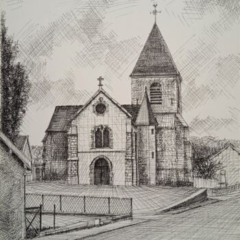 Dibujo titulada "L'Eglise de Germaine" por Jean-Claude Bemben, Obra de arte original, Tinta