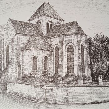 Drawing titled "l'Eglise de Villers…" by Jean-Claude Bemben, Original Artwork, Ink