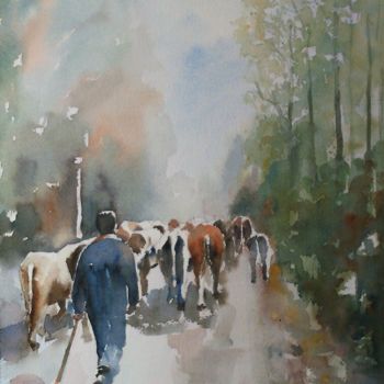 Painting titled "RETOUR D' ESTIVE" by Jean-Francois Louvancourt, Original Artwork, Watercolor