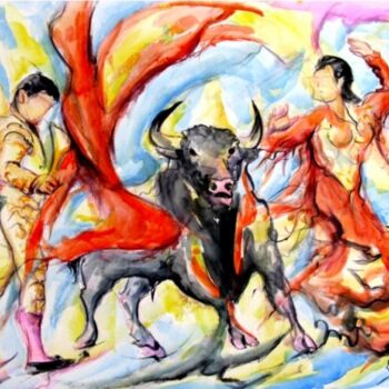 Painting titled "Corrida au flamenco" by Jean-Luc Lopez, Original Artwork, Watercolor