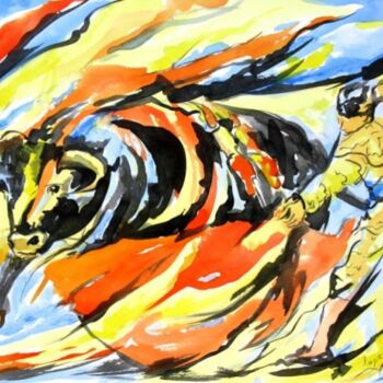 Schilderij getiteld "Flamme de corrida" door Jean-Luc Lopez, Origineel Kunstwerk, Aquarel