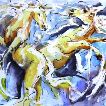 Peinture intitulée "Ballet d' étalons" par Jean-Luc Lopez, Œuvre d'art originale, Encre