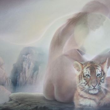 Pintura titulada "Femme et tigre" por Jean Luc Mariot, Obra de arte original, Pastel