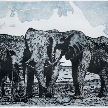 「Trois éléphants.」というタイトルの描画 Jean-Michel Legrasによって, オリジナルのアートワーク, インク アルミニウムにマウント