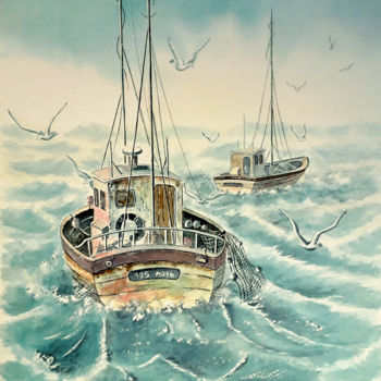 Peinture intitulée "Pêche en mer" par Jean-Paul Ramon, Œuvre d'art originale, Aquarelle