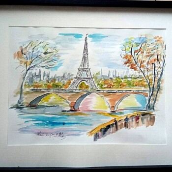 Pintura titulada "PARIS LA TOUR EIFFE…" por Jean Pierre Jumeaux, Obra de arte original, Acuarela Montado en Otro panel rígido