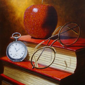 Peinture intitulée "Pomme savante" par Jean-Pierre Walter, Œuvre d'art originale, Huile Monté sur Panneau de bois