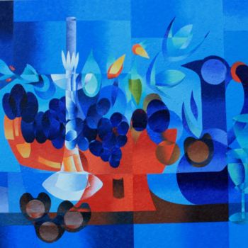Malarstwo zatytułowany „Nature morte bleue” autorstwa Jean Rougerie, Oryginalna praca, Olej
