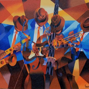 Pittura intitolato "QUATUOR JAZZMAN CUB…" da Jean Rougerie, Opera d'arte originale, Olio Montato su Telaio per barella in le…