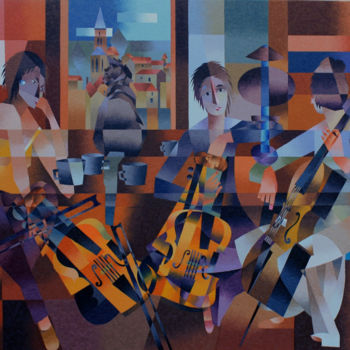 Peinture intitulée "LES DAMES AUX VIOLO…" par Jean Rougerie, Œuvre d'art originale, Huile Monté sur Châssis en bois