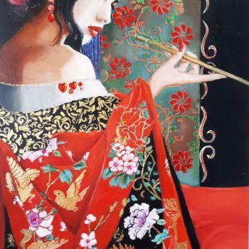 Peinture intitulée "femme en rouge" par Jean Senterre, Œuvre d'art originale, Huile