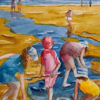 Painting titled "jeu de plage" by Jean Senterre, Original Artwork, Watercolor Mounted on Cardboard