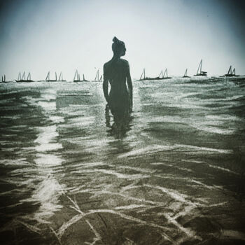 Tekening getiteld "Femme à la mer" door Jennifer Jane, Origineel Kunstwerk, Potlood